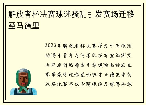解放者杯决赛球迷骚乱引发赛场迁移至马德里