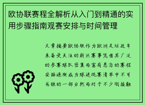 欧协联赛程全解析从入门到精通的实用步骤指南观赛安排与时间管理